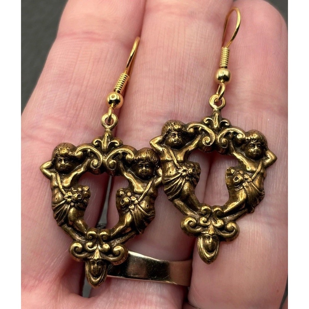 Vintage Cherub Angel Earrings Ornate Figural Dangle Gold Tone Victorian Style